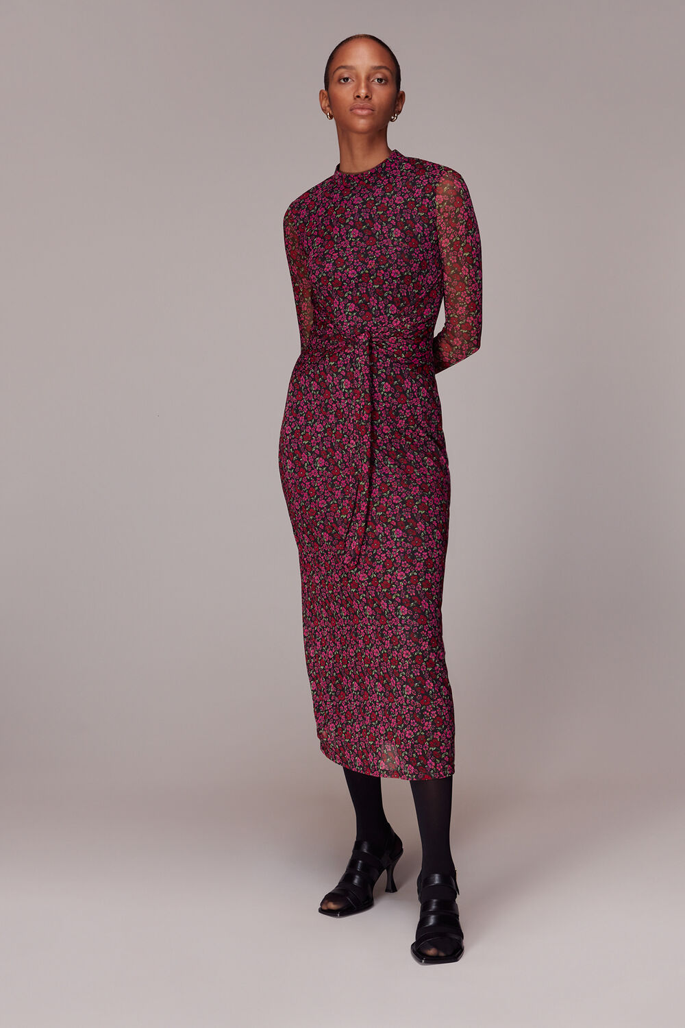 Pink Outlined Floral Tie Mesh Dress